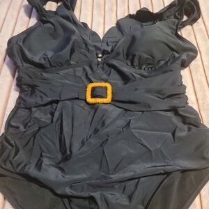 Gold and Black One-Piece Swimsuit with Athletic Design